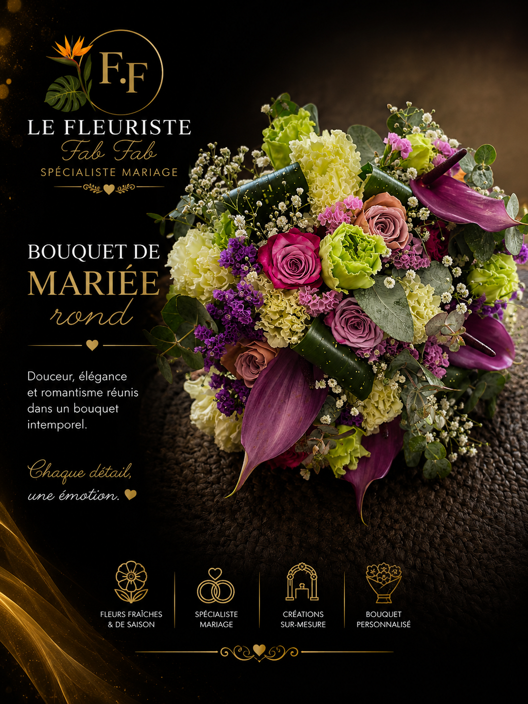 Bouquet de mariée rond aux tons verts, violets et roses