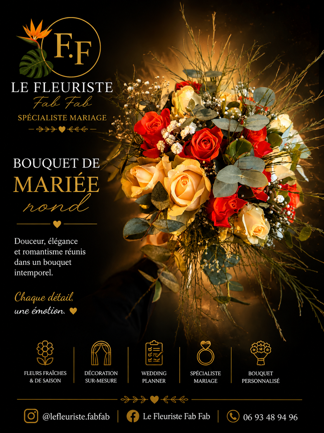 Bouquet de mariée rond aux roses rouges et crème sur fond noir