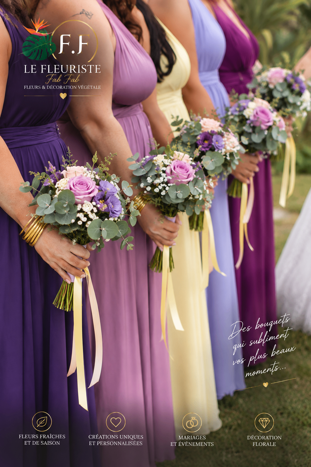 Bouquets de demoiselles d’honneur — robes violettes et bouquets pastel