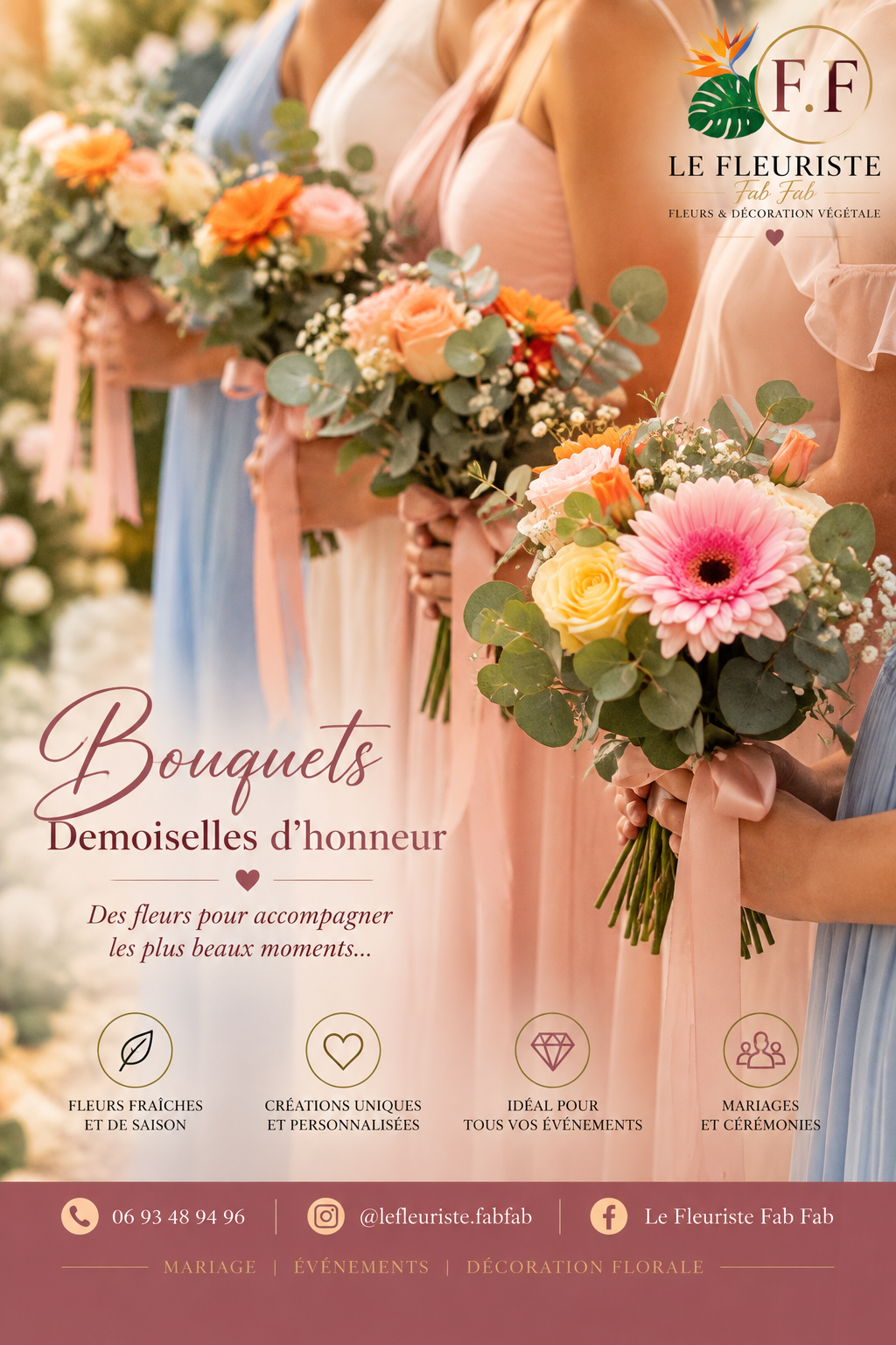 Bouquets de demoiselles d’honneur — gerberas roses et roses pastel