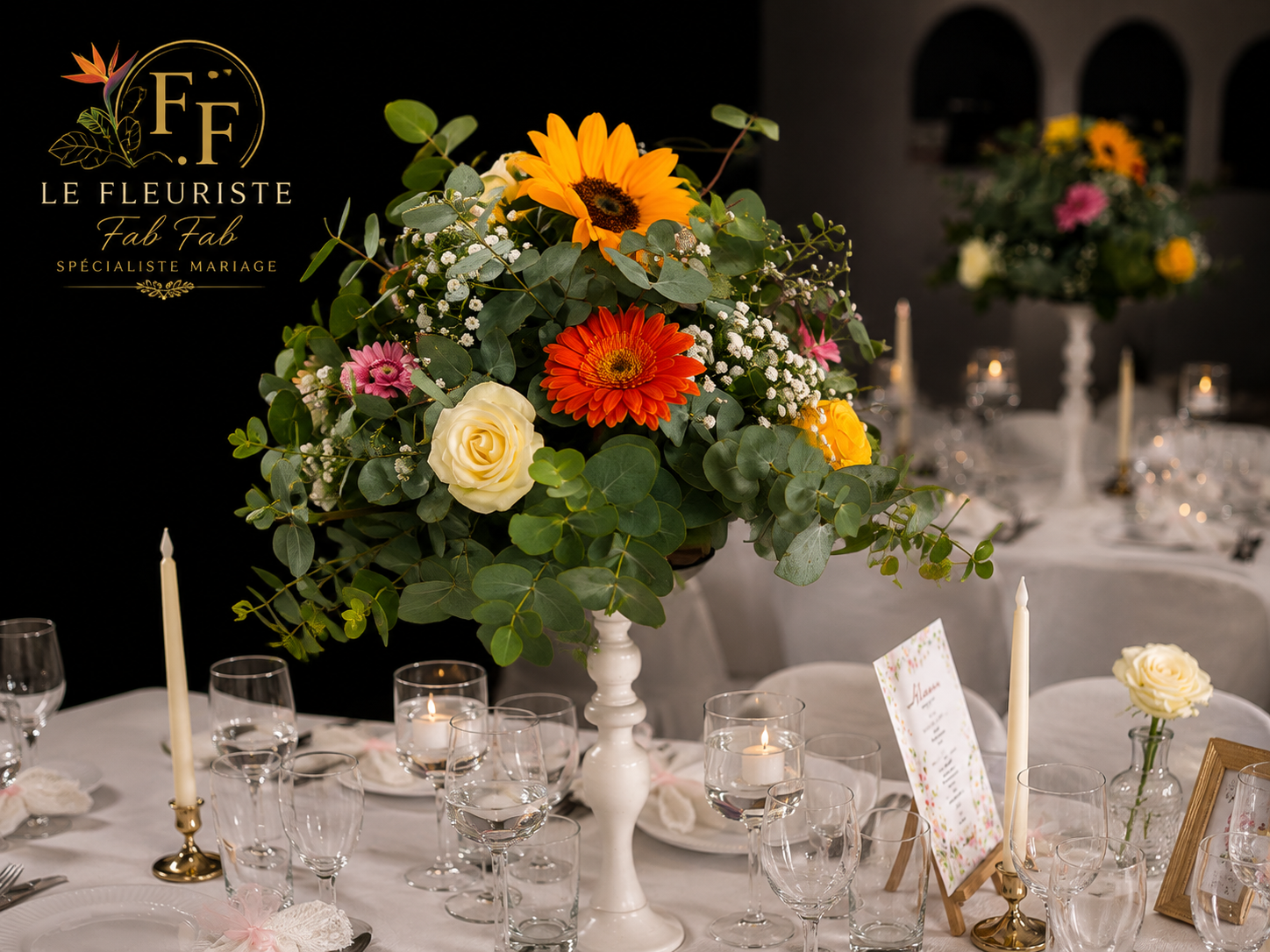 Centre de table aux tournesols et gerberas rouges, bougies
