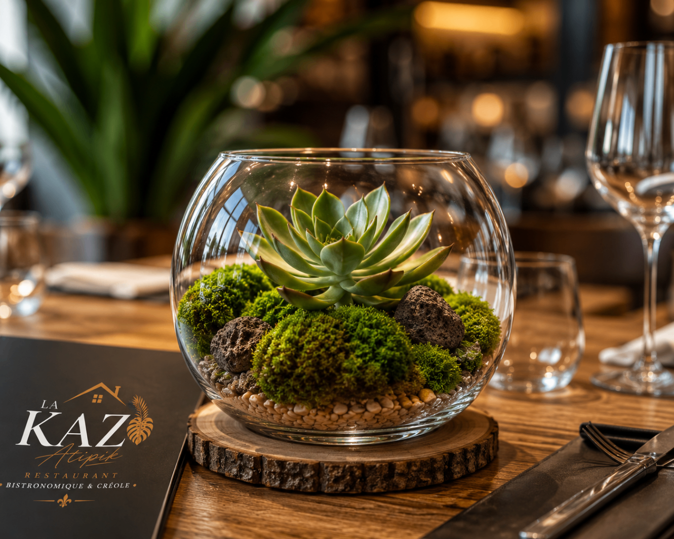 Terrarium de succulentes sur une table dressée