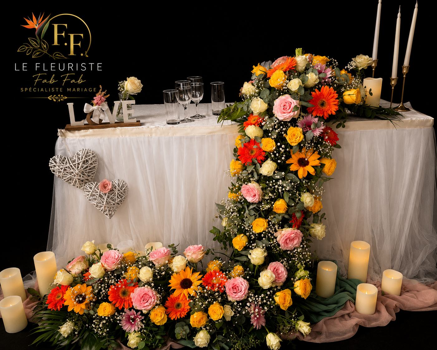Table d’honneur com arranjos coloridos e velas