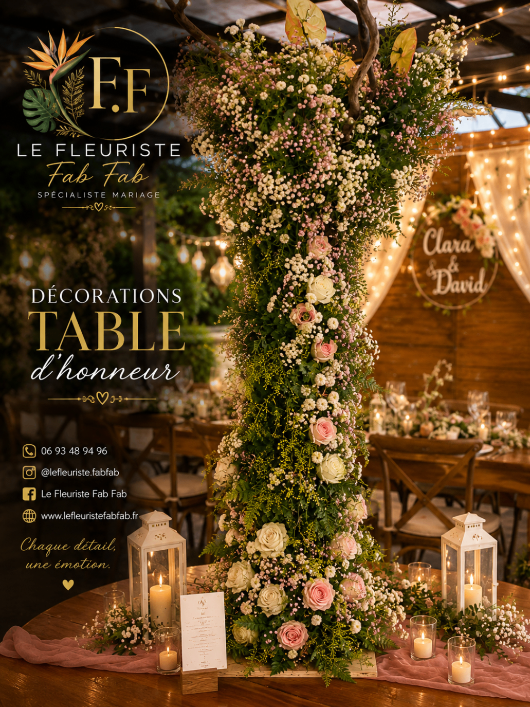 Decoração de table d’honneur com torre de gypsophila