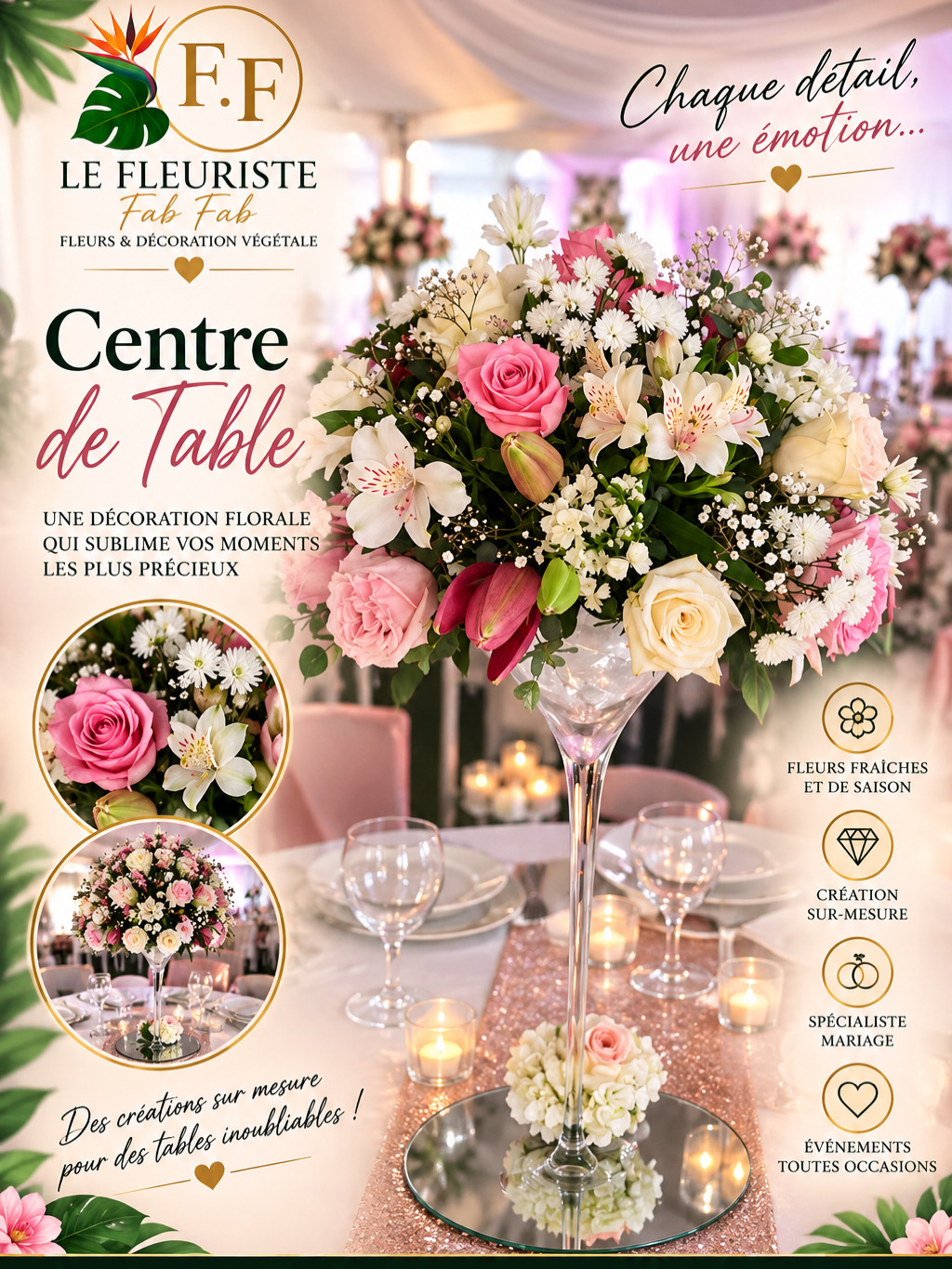 Centre de table élevé sur pied en verre, roses et gerberas