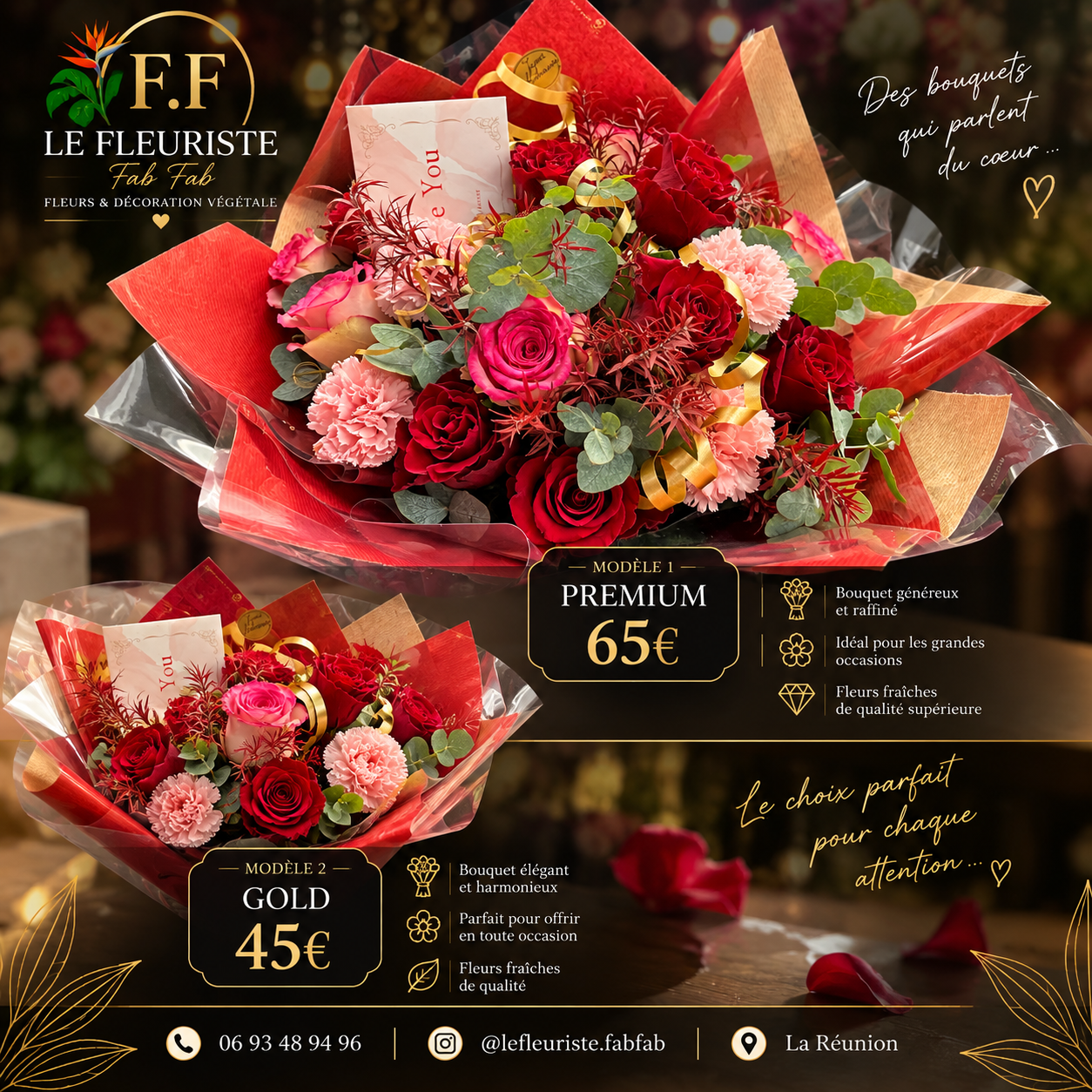Bouquet de roses rouges, roses et œillets dans un écrin rouge et doré — Modèle Plaisir des sens