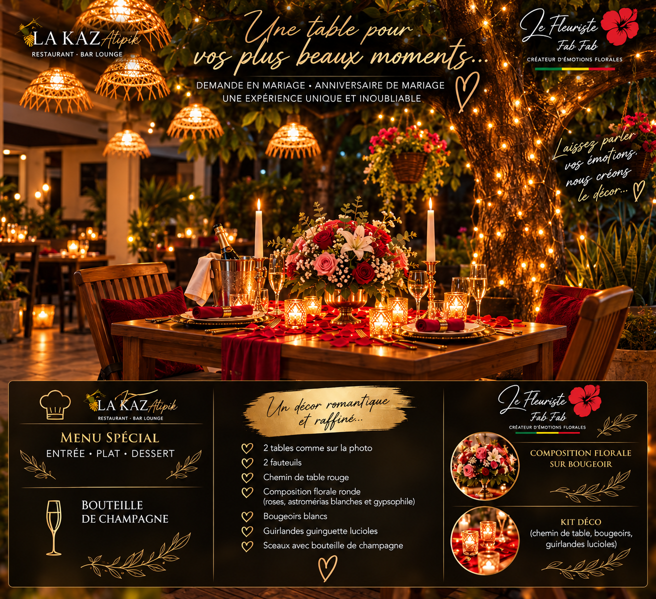 Table romantique dressée au restaurant La KAZ Atipik, préparée et décorée par Le Fleuriste Fab Fab : composition florale de roses et lys sur chemin de table rouge, bougies et guirlandes lucioles