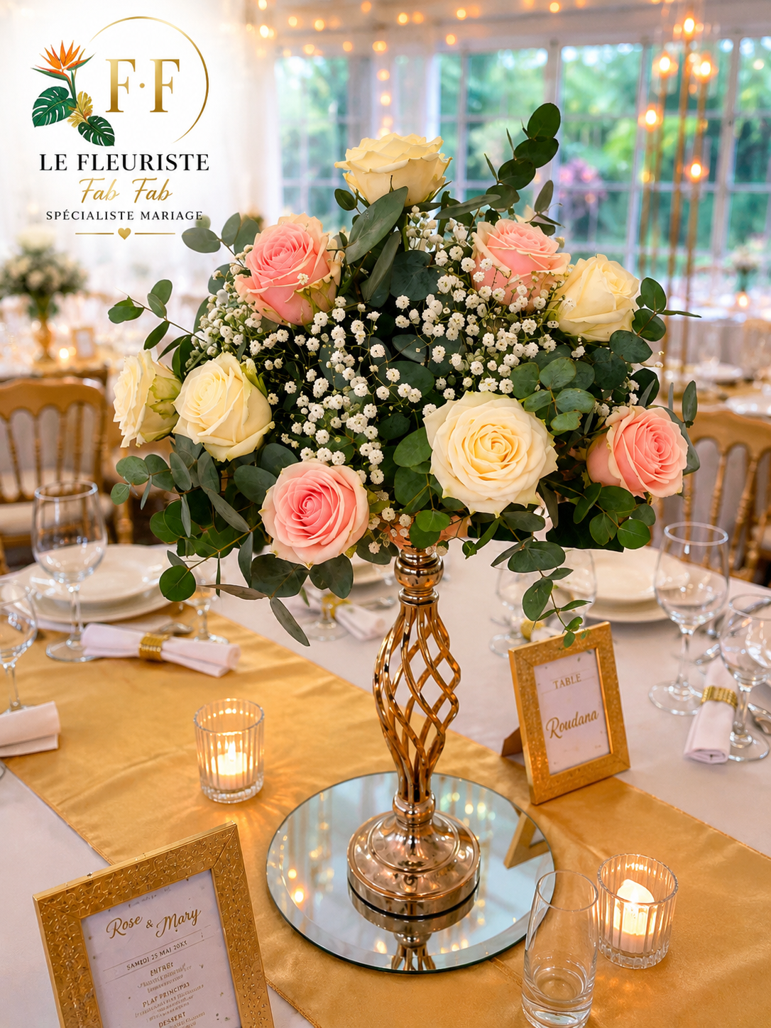 Centre de table sur chandelier doré, roses pastel et eucalyptus
