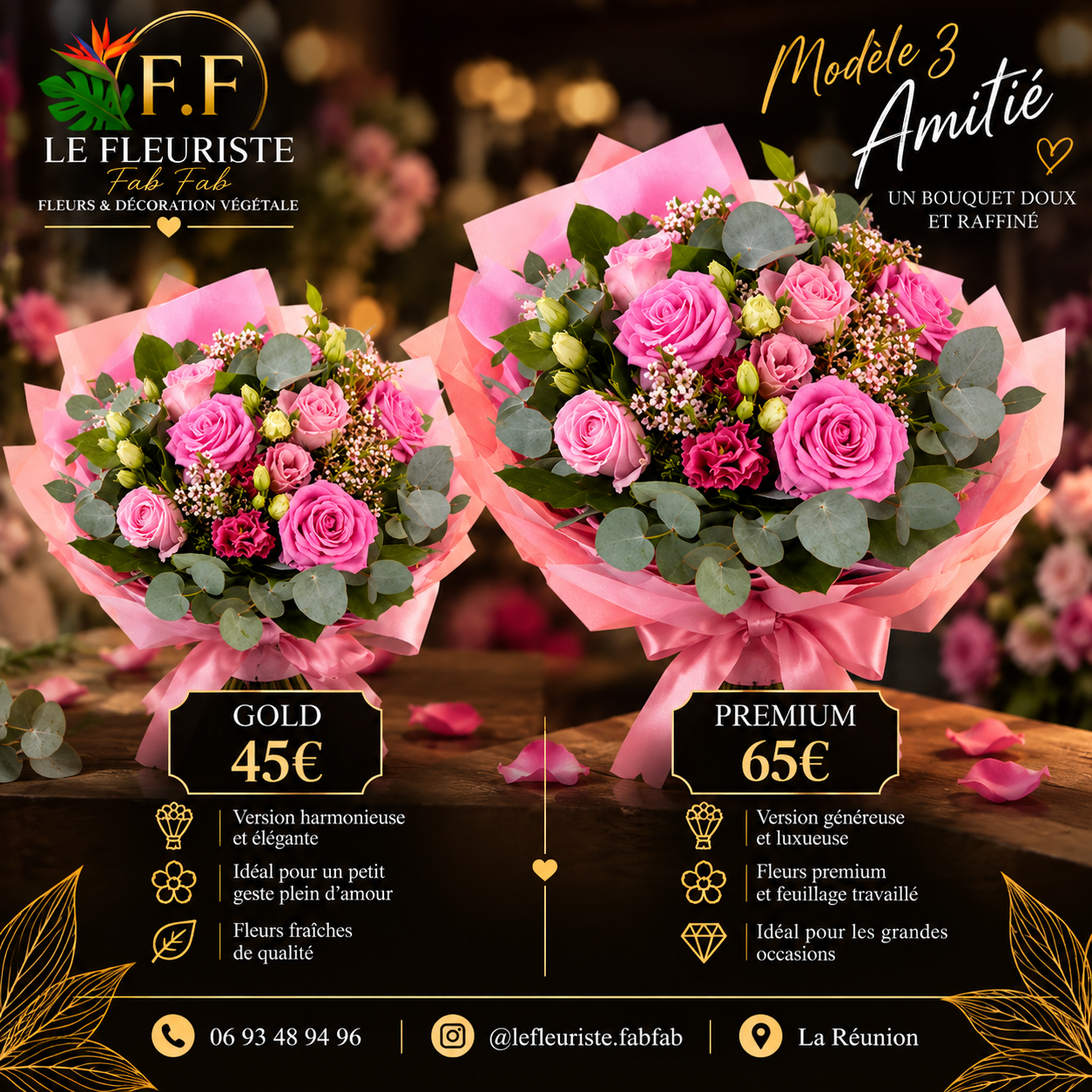 Bouquet doux de roses roses sur papier rose — Modèle Amitié