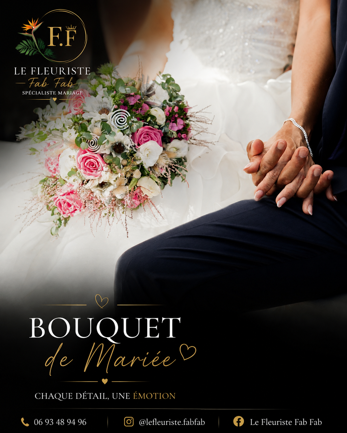 Bouquet de mariée aux roses roses et blanches posé sur la robe