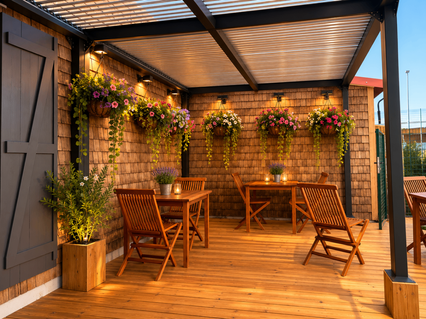 Terrasse de restaurant en bois et suspensions florales
