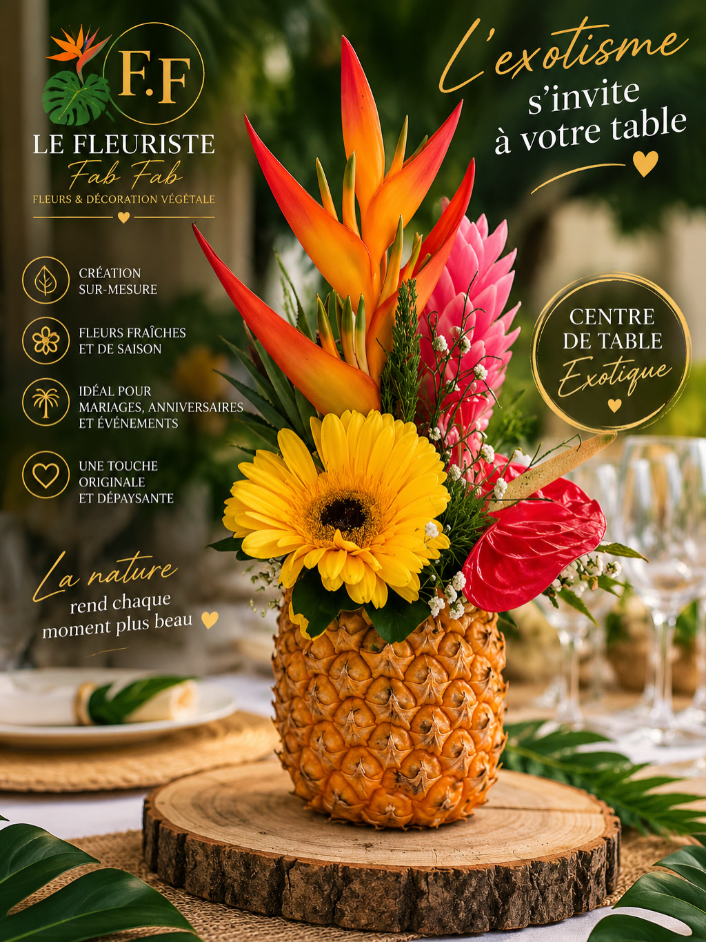 Centre de table exotique dans un ananas, héliconias et anthuriums