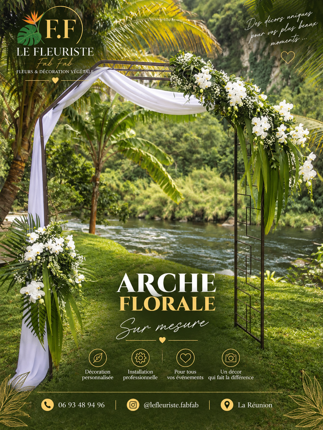 Arche florale au bord de la rivière, orchidées blanches et tissu