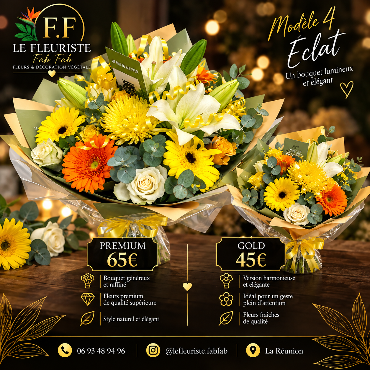 Bouquet lumineux de gerberas jaunes, oranges et lys blancs — Modèle Éclat