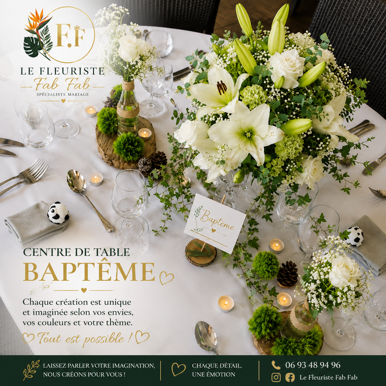 Centre de table blanc et vert pour baptême, lys et muscari