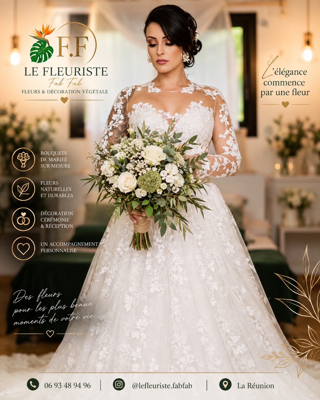 Mariée tenant un bouquet de mariée blanc et vert