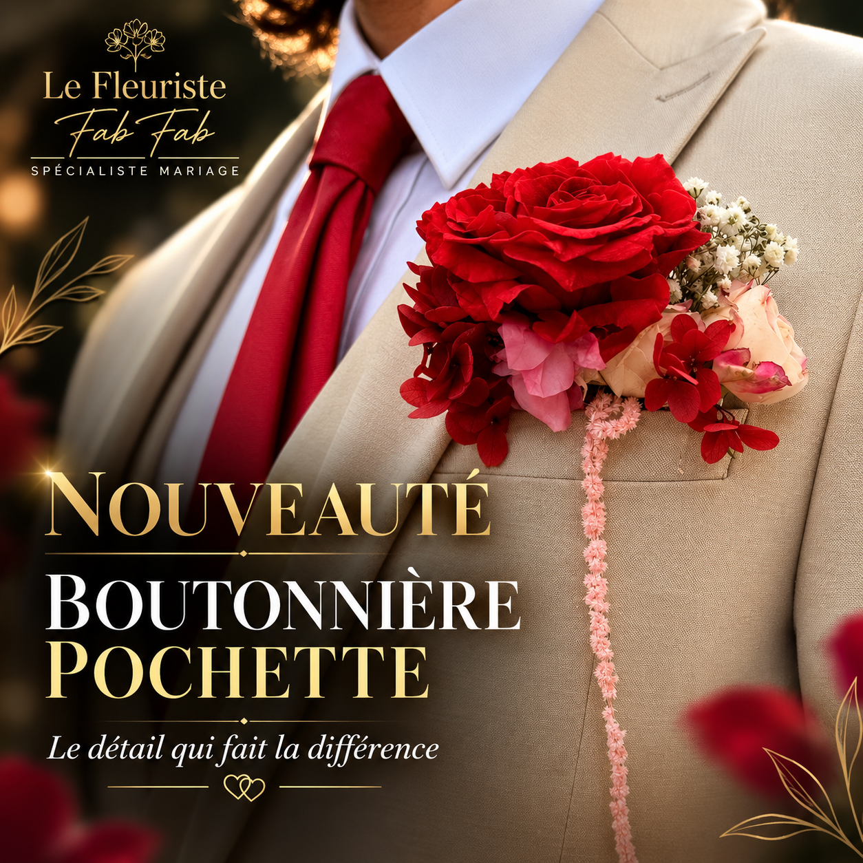 Boutonnière pochette rouge — rose, hortensia et gypsophile