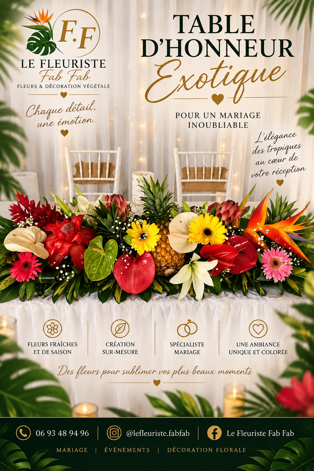 Table d’honneur exotique com anthuriums e aves-do-paraíso