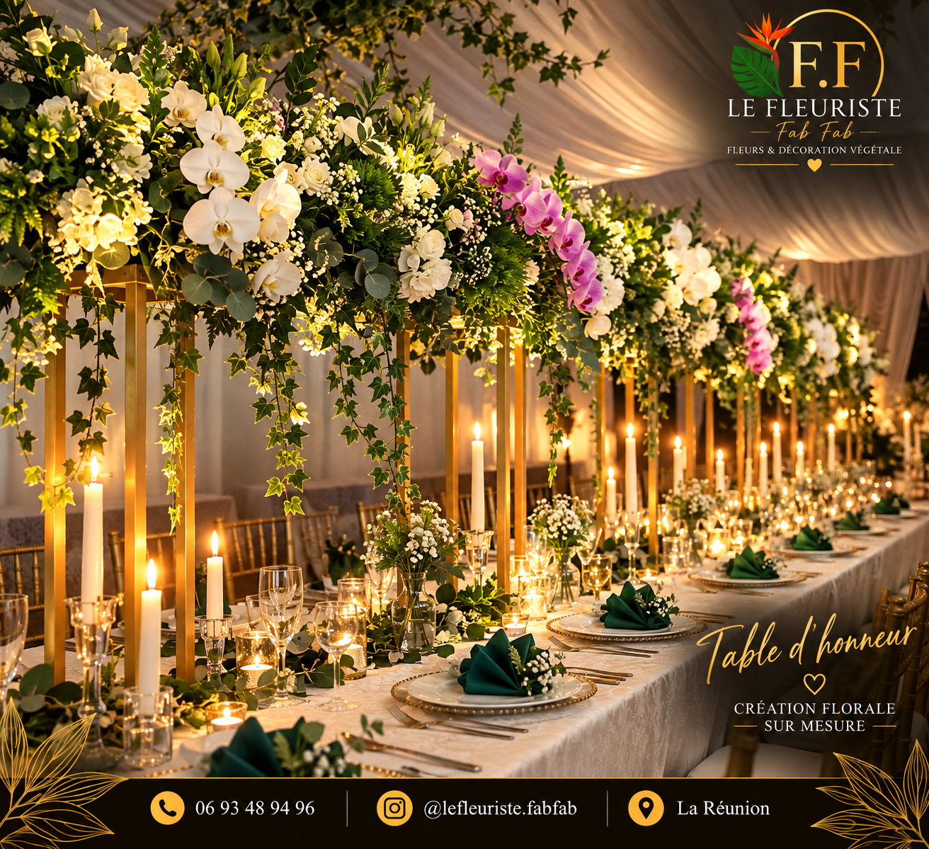 Table d’honneur fleurie le soir, composition d’orchidées et de bougies signée Le Fleuriste Fab Fab