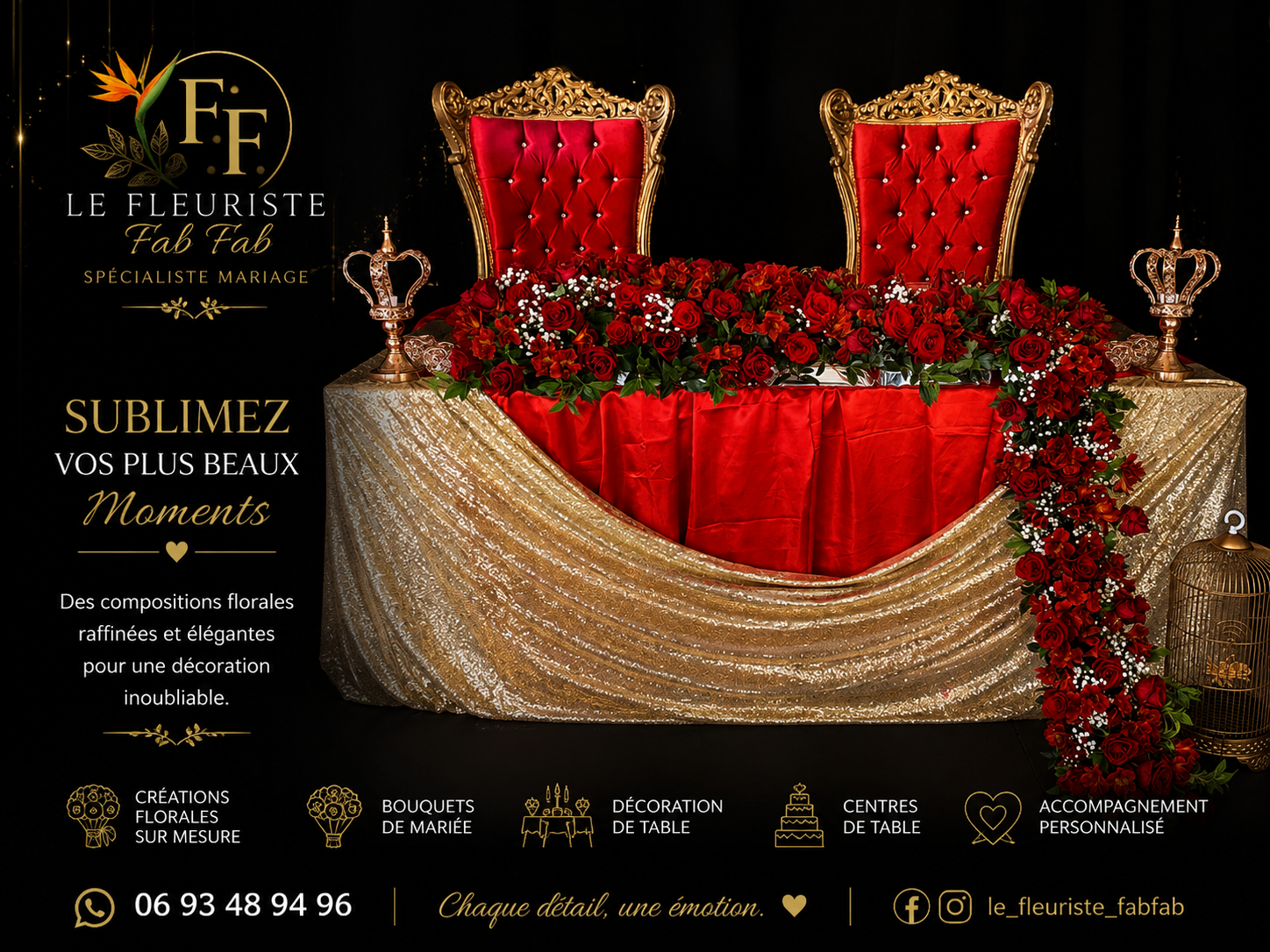 Table d’honneur real — rosas vermelhas e dourado
