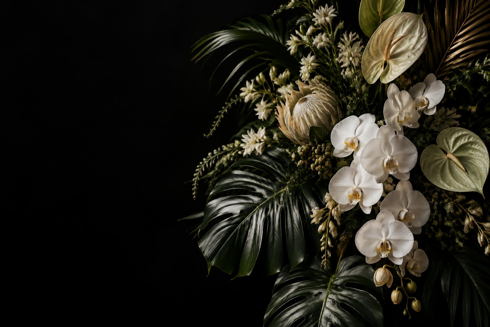 Composition florale tropicale aux orchidées blanches
